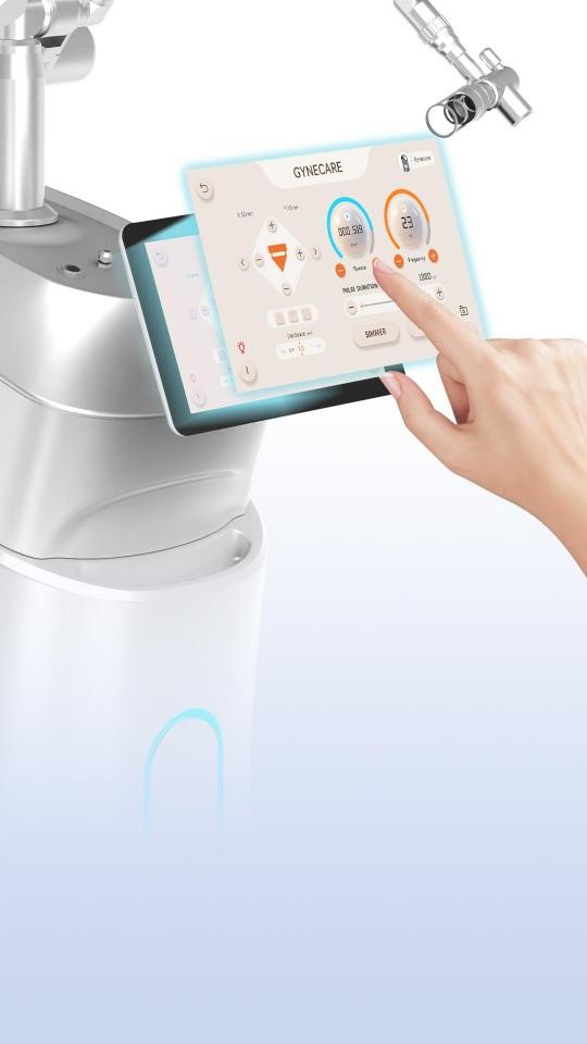 Erbium YAG lézer érintőképernyős kezelőfelülete gynecare mód kiválasztásával, modern és pontos beállítási lehetőségekkel.